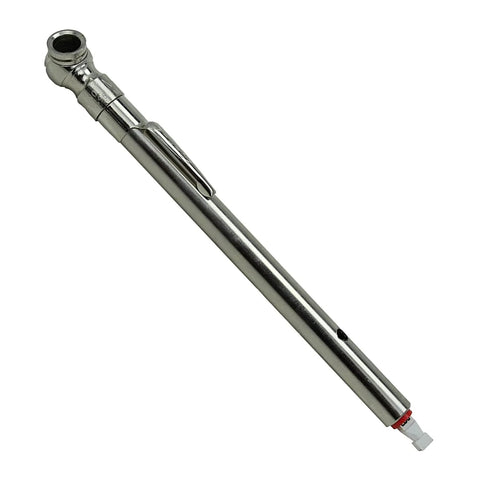 Milton S-928 pencil tire pressure gauge with chrome body, pocket clip, built-in deflator, reads PSI and kPa.