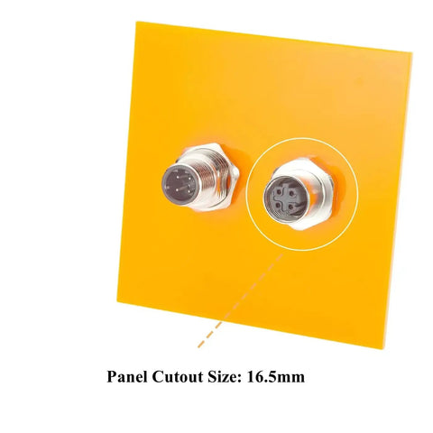 Bulkhead M12 D Code 4 Pin Male To Female Connector IP67 Shielded Wall Pass Thru Panel Mount Socket shown on an orange panel.