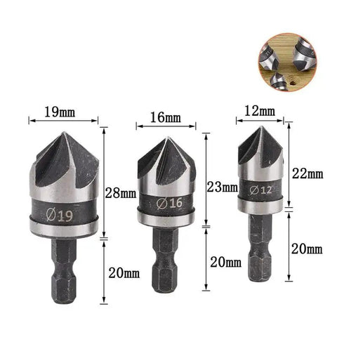 Three Piece Countersink Chamfer Drill Bit Set With One Quarter Inch Hex Shank 90 Degree Chamfer Five Flute Fast Cutting For Wood And Metal Quick Change Bits Includes 12mm 16mm And 19mm Sizes, showing 12mm, 16mm, 19mm bits with measurements.