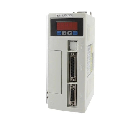 Front view of white 80ST-M02430 220V AC servo drive with red LED display and CN1-CN3 DB-25 connectors.