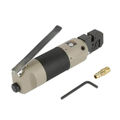 Heavy Duty Pneumatic Sheet Metal Punch Tool Kit with US Connector, showing air puncher, connector, and hex key, for industrial and home use.