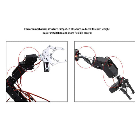 Arm mechanical robotic clamp claw kit with black frame and red wires; 6DOF arm and gripper shown in two-view image.