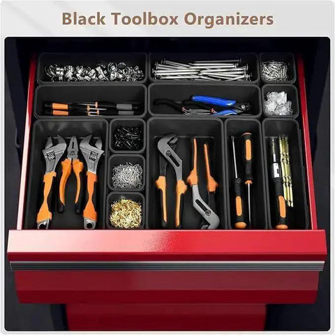 Six Size 80 Piece Tool Box Organizer Set Black Garage Storage Tray Dividers in a red tool chest drawer holding various tools