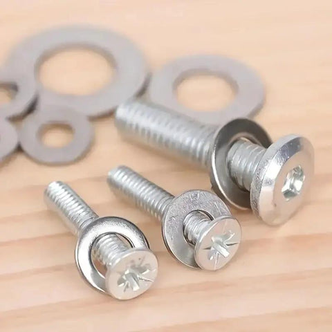 Close-up of flat and spring lock washers from 580 Pcs Stainless Steel Washer Set Flat And Spring Lock Washers 9 Sizes M2 To M10 304.