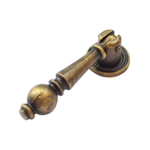 Antique bronze drawer pull from four piece set with single hole mount, vintage decorative handle for dresser, cabinet, chest, jewelry box.