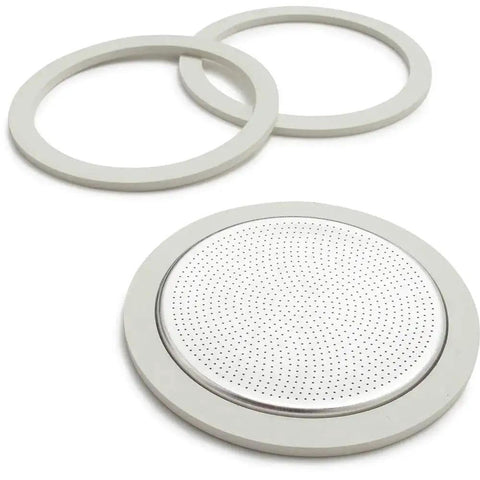 Set of two gray rubber gaskets and a metal 9-cup moka pot filter disc