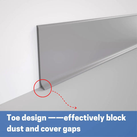 Flexible Baseboard Molding Trim 4 Inch By 20 Feet Self Adhesive Vinyl Wall Base Cove Base Peel And Stick Gray S100 close-up view showing toe design for dust coverage.