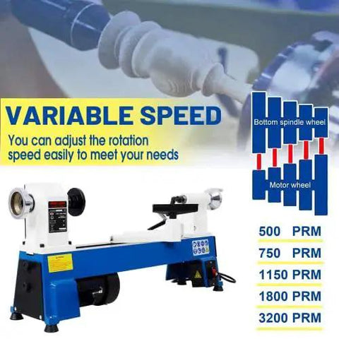 Versatile Benchtop Wood Lathe Workhorse With 10 By 18 Turning Capacity, Five Variable Speeds 500 750 1150 1800 3200 RPM, 1/2HP Power, Mini Wood Lathe For Woodworking And Woodturning, Smooth Belt Drive For Precise Finishing And Great Detail.