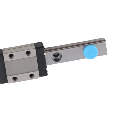 Close-up of Miniature 9mm Width Linear Rail Guide Kit with ball retainer, showing compact rail and block design for precise motion tracking.