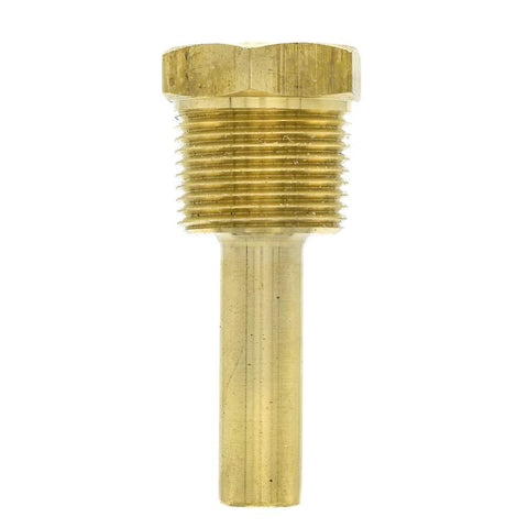 Brass thermowell with stepped threads; 2-1/2 in stem, 1/2 in x 3/4 in NPT, bore 0.260 in