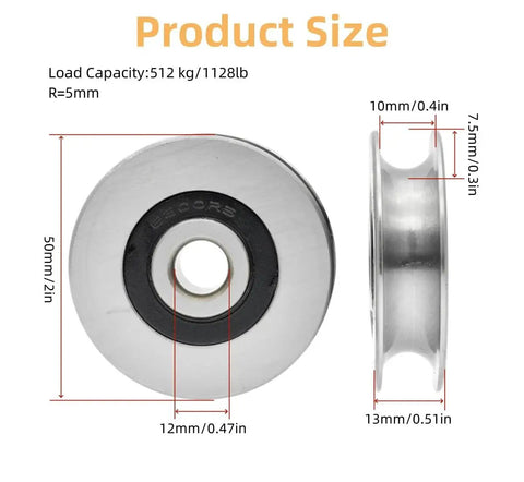 Front and side view of U Groove Ball Bearing Pulley for Steel Wire Rope 12mm Inner Diameter 50mm Outer Diameter 7.5mm Groove Depth.