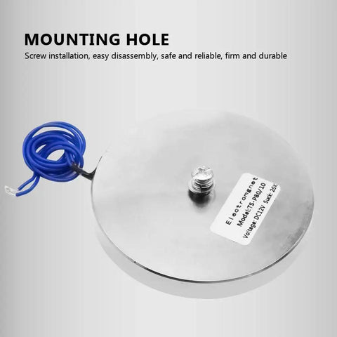 Side view of 12V Round Lifting Electromagnet 200N Peak Force 80x10mm With 24cm Lead, showing mounting hole and blue wire.