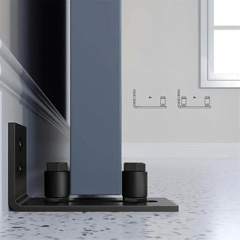 Sliding Barn Door Bottom Floor Guide Roller Set, Black, Quiet And Smooth Operation, installed on a tiled floor