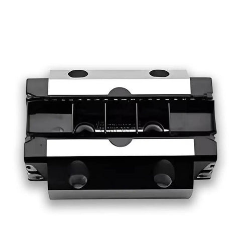 Front view of FLS Extended Slider Guide Block, Slide Unit Ball Bearing, Parts R165381420 R165381422, black and silver design.