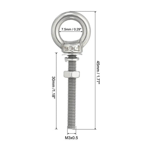 Detailed view of Heavy Duty Stainless Steel Eyebolts Set M3 x 30mm Threaded Eyebolts With 7.5mm Ring Diameter, nut and washer