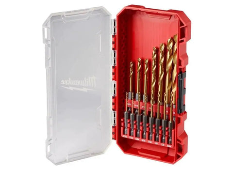 Open Milwaukee drill bit case showing Titanium Shockwave Drill Bit Kit 15 Piece Set for Metal Wood and Concrete with Easy Installation