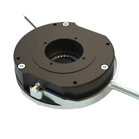 MIRGJK BN18 electromagnetic loss-of-power brake, round black brake housing with central bore and wiring.