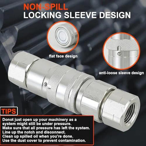 Hydraulic quick-connect coupler, 1/2" NPT, flat-face ISO 16028, silver metal, universal set