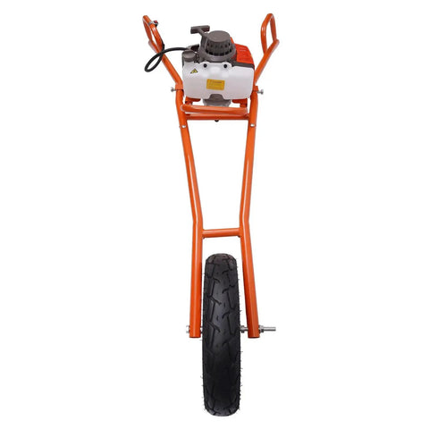 Front view of Powerful 63cc 2 Stroke Hole Digger Earth Auger Drill for Quick Potholing and Planting, with single wheel cart.
