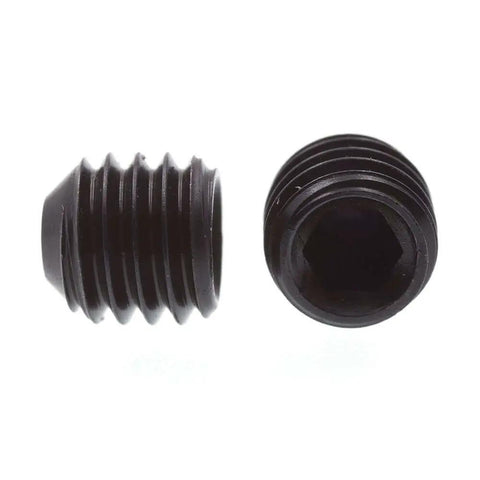 Two black oxide coated steel headless socket set screws, ten thirty two by three sixteenths inch, Allen drive view