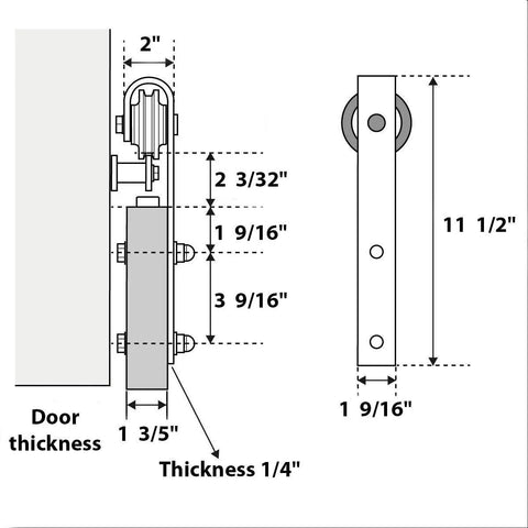 Technical diagram of Sturdy Double Barn Door With Clear Glass In Matte Black Finish, Heavy Duty Rail Hanger Set dimensions.