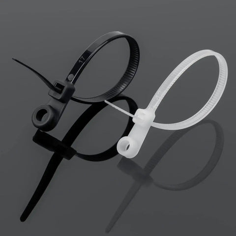 Tough As Nails Heavy Duty Zip Ties With Mounting Head And Screw Hole, 7.5 Inch, black and white nylon cable ties on grey background