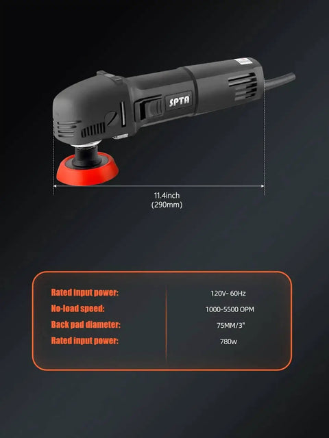 Image of Mini Car Polisher Kit for Auto Detailing with 750W Buffer showing dimensions and specifications.