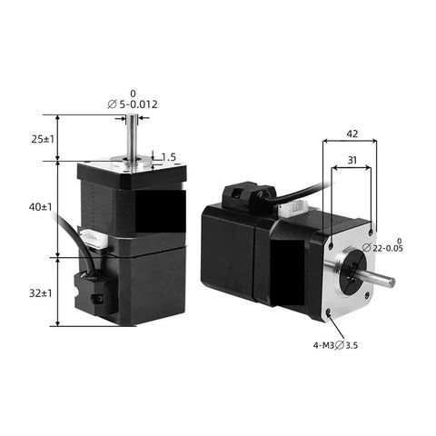 Front and side views of two 42HS40-YC-PD brake stepper motors, 12V, 1.5A, 40 N·cm, NEMA17
