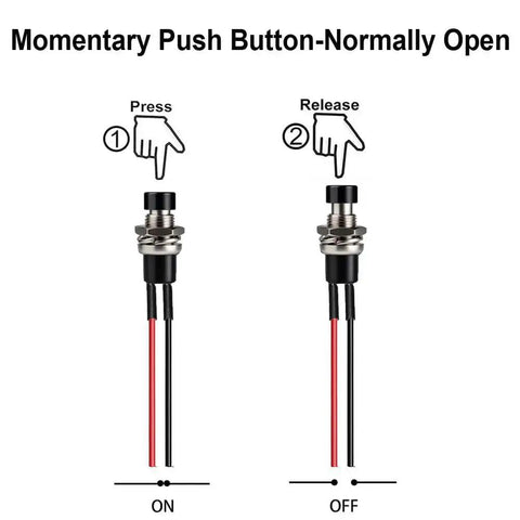 Illustration of Mini Prewired 7mm Black Momentary Push Button Switches 2 Pin SPST No NC On Off with ON/OFF positions.