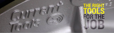 Close-up of Curran Tools logo on steel frame of Right Angle Roller - 90° Cable Roller with 36" Radius & Steel Frame - 95036RA