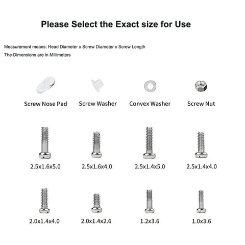 Chart of screws, nose pads, and washers sizes for All In One Eyeglasses Repair Kit With 1100 Tiny Screws, 5 Pairs Nose Pads.