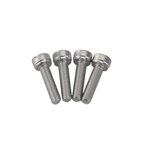 Four silver machine screws with knurled heads on a white background.