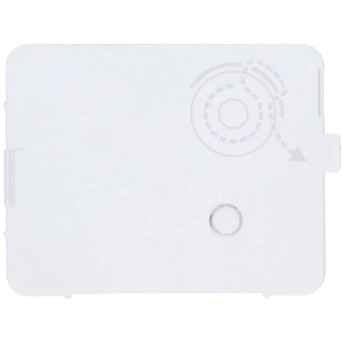 Bobbin cover plate for Singer sewing machines, white plastic, front view.