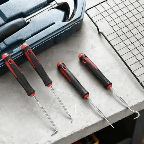 4 Piece Pick And Hook Tool Set For Auto Repair Must Have With 6.5 Inch Length, ergonomic non-slip grips on a workbench