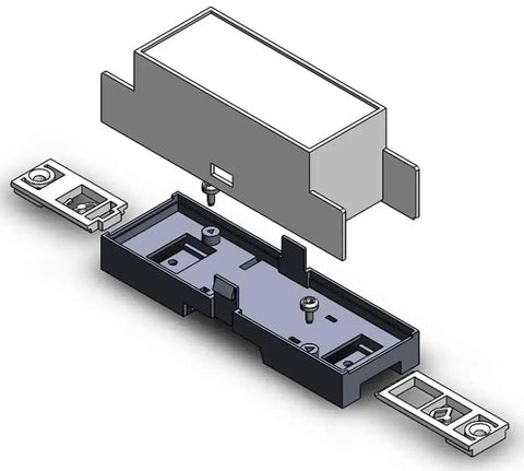 Exploded view of Low Profile DIN Rail Enclosure for Home Automation, ABS electrical box 35mm rail compatible, with mount clips.