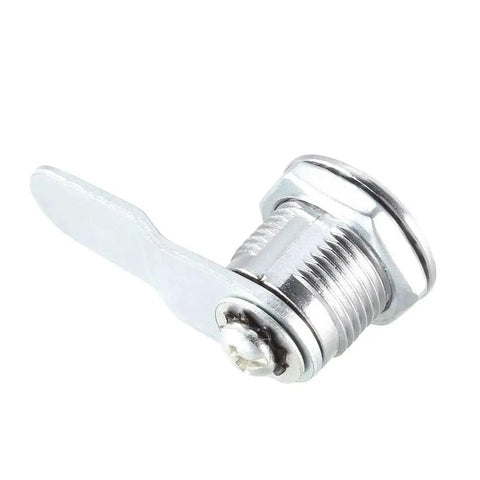 Cam Lock Set Of 4 With Five Eighth Inch Cylinder Length Fits Up To Five Sixteenth Inch Panel Thickness No 4 Cam Keyed Different Zinc Alloy Chrome Plated File Cabinet Locks, side view of a single chrome lock.