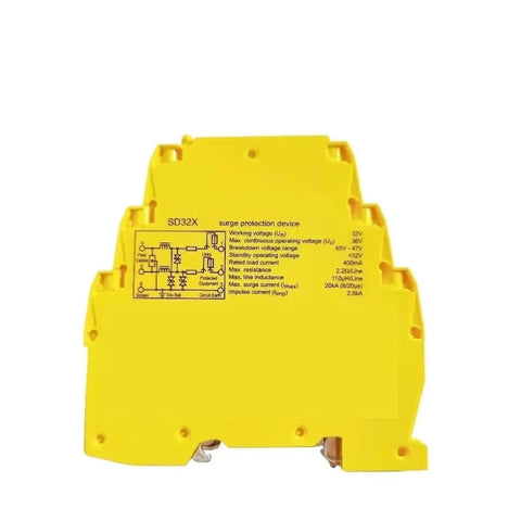 Yellow Surge Protection Device SD32X for Industrial DIN Rail 20kA 32V SPD Protects Sensitive Equipment front view