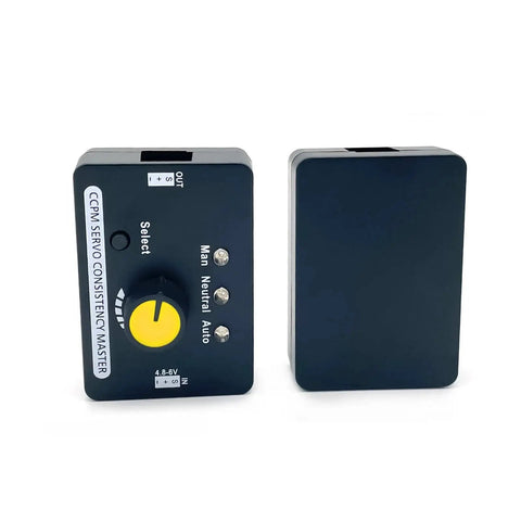 2-pack RC servo tester with built-in BEC, front view showing yellow control knob