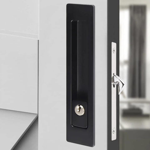 7.1 Inch Sliding Door Mortise Lock Latch With Invisible Recessed Handle For Interior Wood Pocket Doors Black Finish Installed
