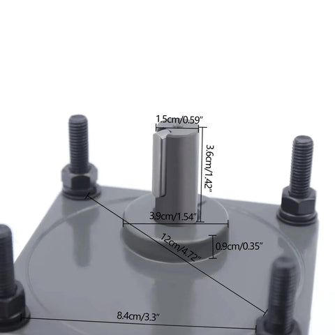 Close-up of 110V gear reduction motor base showing shaft measurements, part of Variable Speed 110V Gear Reduction Motor 200W with Reversible High Torque Gearbox.