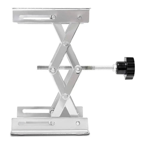 Side view of Stainless Steel Lab Jack Scissor Stand 4x4 Platform With Adjustable Height showing scissor mechanism and adjustment knob.