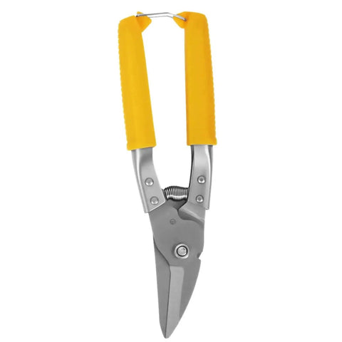 Metal snips with yellow handles for sheet cutting.