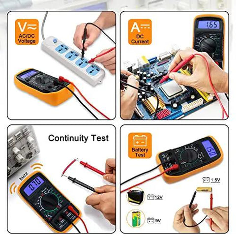 All In One Digital Multimeter Voltmeter Kit With LCD Display For AC DC Voltage And Current, Resistance, Continuity, Diodes, Battery Test, And Included Test Leads in use, demonstrating testing functions.