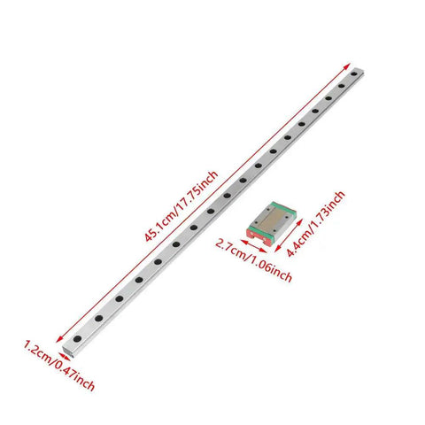 Compact MGN12H Miniature Linear Guide Rails 1pc Set, 450mm Long 12mm Wide With Sliding Block shown with measurements