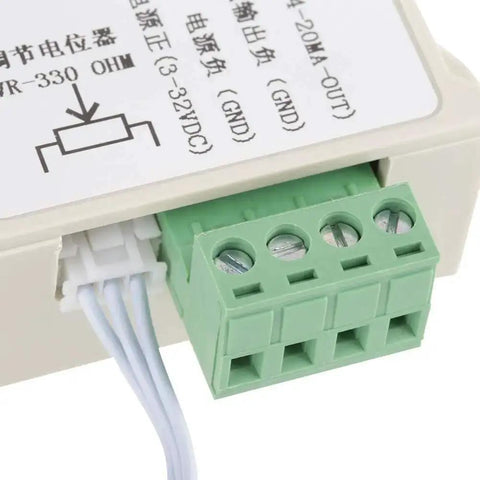 Close-up of 4-20mA Current Output Generator Module for PLCs and Frequency Converters, showing wiring terminals and labels