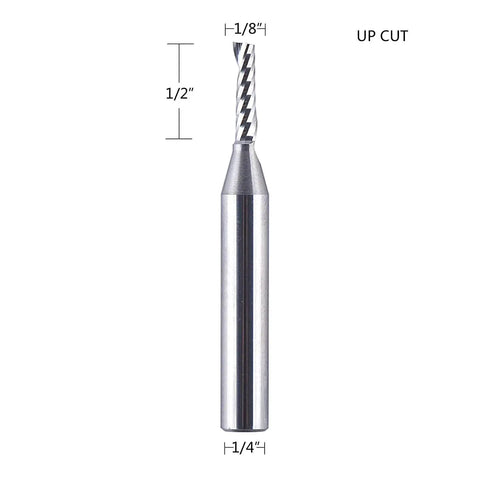Five Piece Carbide End Mill Set for CNC Routers With Single Flute Spiral Bits, 1/8 Inch Cutting Diameter, 1/4 Inch Shank, 1/2 Inch Cutting Length, Ideal for Aluminum, Acrylic, and Woodworking by SpeTool front view