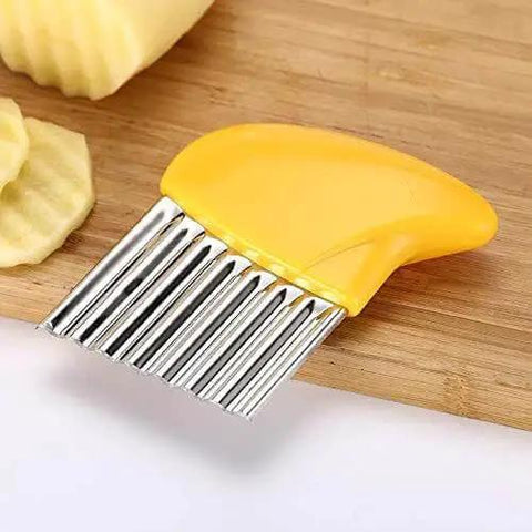 Two Pack Crinkle Cutter Stainless Steel Wavy Blade Kitchen Knife Set for Veggies and Salads with ABS Handle visible on board