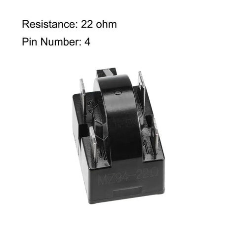 Refrigerator Start Relay 22 Ohm 4 Pin One Half HP 375W with thermal overload protector, black module, side view
