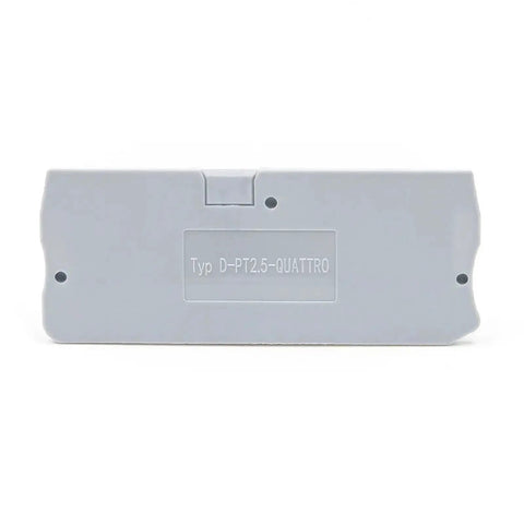 Rear view of grey terminal block from 50 Pack No-Fuss Easy Install DIN Rail End Clamp Terminal Blocks With Anti-Lock Spring For 0.2-4mm Wires Quattro Style Durable Layout Clips For Electrical Control Panels