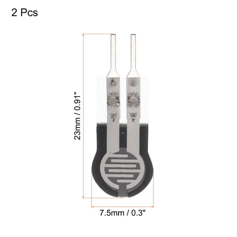 Two MECCANIXITY FSR-400sB thin-film force sensing resistor pads, black base with metal leads, 23mm tall, 7.5mm wide.
